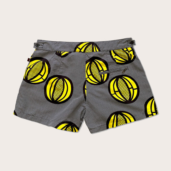 Men's Designer Swim Trunks in Melon Black Yellow Print