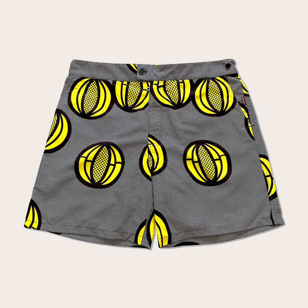 Men's Mid-Length Tailored Swim Short in Melon Black Yellow Print