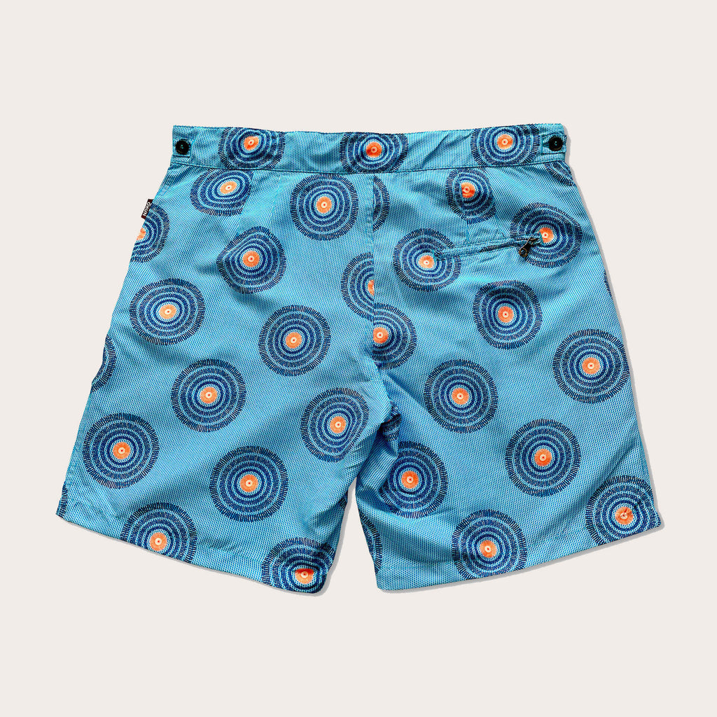Men's Mid-Length Tailored Swim Short in Shwe Shwe Turquoise Print